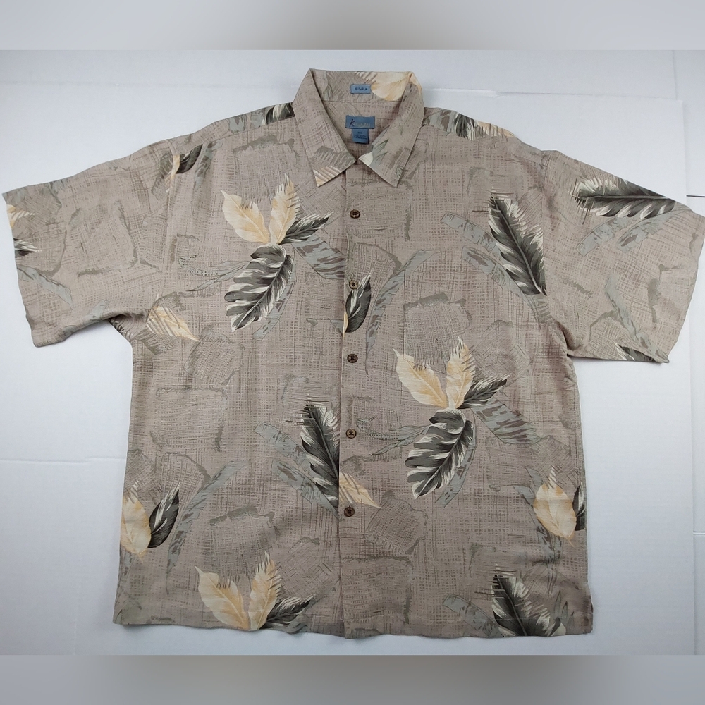Kaylua Bay Shirt Mens XXL 2XL Brown Tan Hawaiian Palm Leaf 100% Silk Button Up